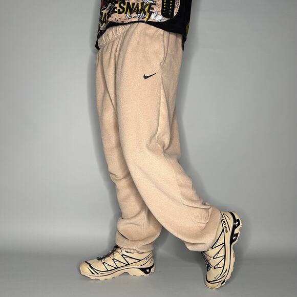 Nike Sweatpants Tan Fleece Joggers Black Swoosh
